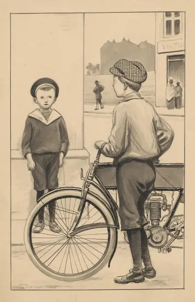 Two boys look at each other on a street corner. One boy is standing next to a motorcycle. av Alfred Schmidt