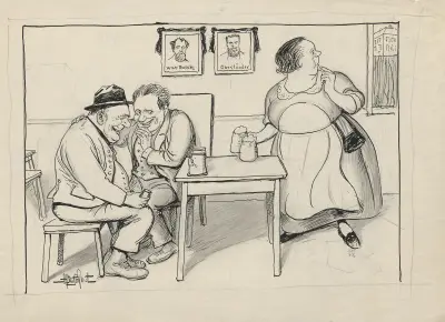 Two men sit whispering together in a tavern von Alfred Schmidt