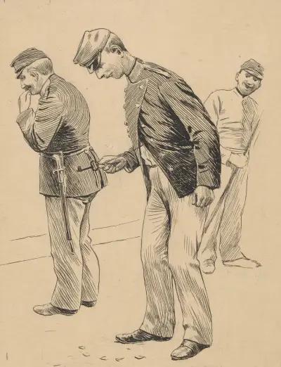 Two soldiers are walking around looking for something on the ground, while a third one laughs and watches., Alfred Schmidt