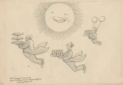 Kellner fliegen mit Bier und belegten Broten umher. Die Sonne leckt sich hungrig die Lippen. von Alfred Schmidt