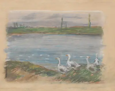 Four Geese By a Pond av Alfred Sisley