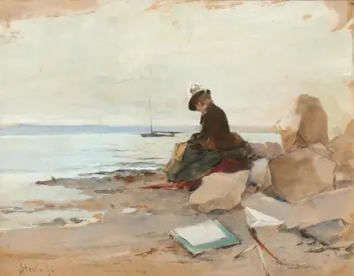 Femme peintre en bord de mer av Alfred Stevens
