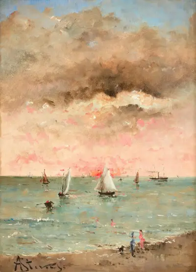 Figurer på stranden i solnedgång av Alfred Stevens