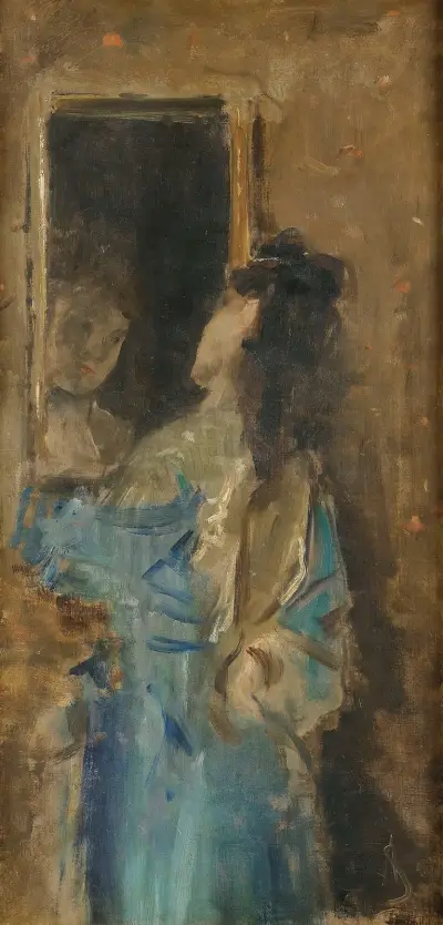 Girl in blue looking in a mirror av Alfred Stevens