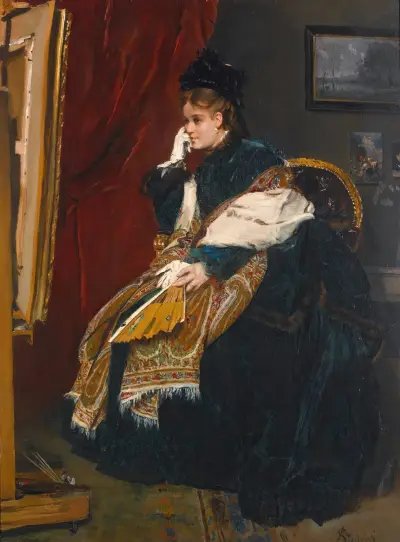 Kvinna i grönt i ateljén av Alfred Stevens