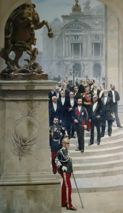 President Sadi Carnot omgiven av personligheter från tredje republiken, framför Operan av Alfred Stevens