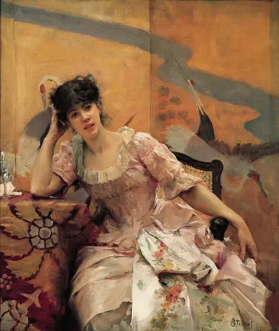 Young Woman with a Japanese Screen av Alfred Stevens