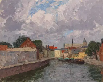 A Canal with Boats before a Town av Alfred Zoff
