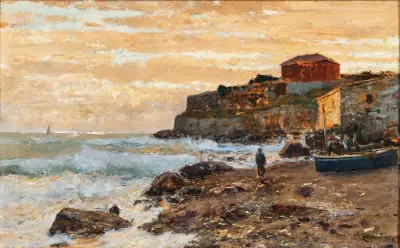 A Fishing Boat on the Beach at Sunset av Alfred Zoff