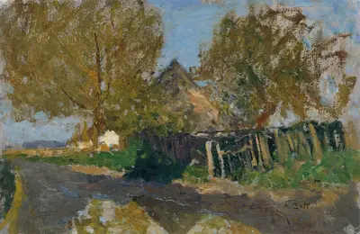 Bynära väg med gård under träd av Alfred Zoff