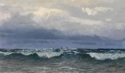 Meeresbrandung mit Segelschiffen av Alfred Zoff