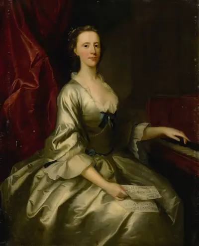 Portrait Of A Lady, Three-Quarter Length, Seated At A Harpsichord, Holding A Sheet Of Music av Allan Ramsay