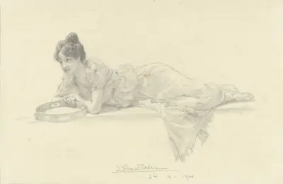 Liggende vrouw met tamboerijn av Lawrence Alma-Tadema