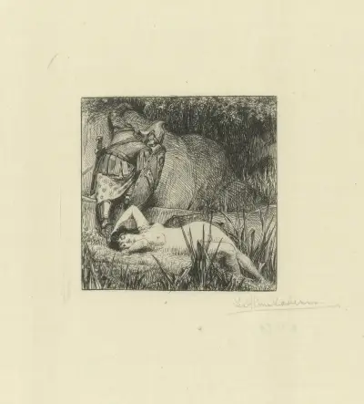 Naakte vrouw en een geharnaste ridder av Lawrence Alma-Tadema