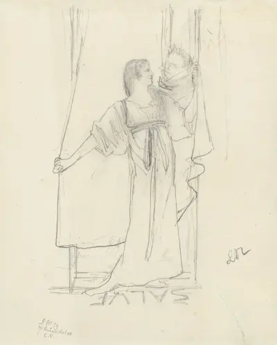 Staande vrouw sprekend met man achter gordijn av Lawrence Alma-Tadema