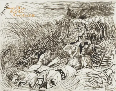 Zinkend stoomschip en Neptunus met driespan in de golven av Lawrence Alma-Tadema