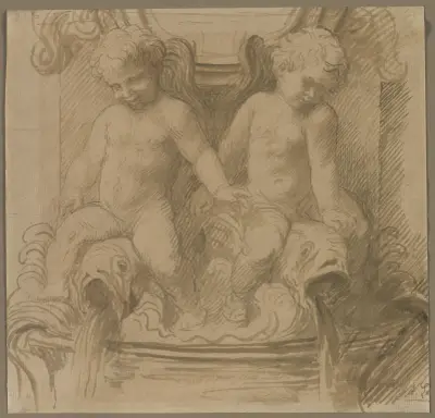 Fountain with Putti Riding Dolphins av Alphonse Legros