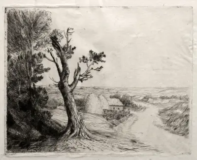Landscape with Strawstacks av Alphonse Legros