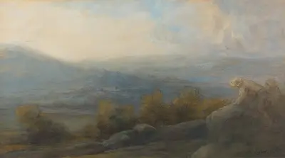 Mountain Landscape with two Figures at the Right av Alphonse Legros