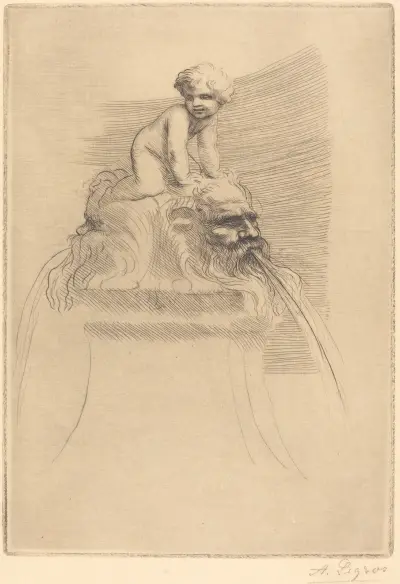 Small Fountain, child Playing on the Grotesques (Petite fontaine, enfant qui joue surdes masques) av Alphonse Legros