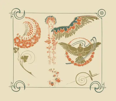 Abstract design based on flowers, angels, birds, beetles. av Alphonse Mucha