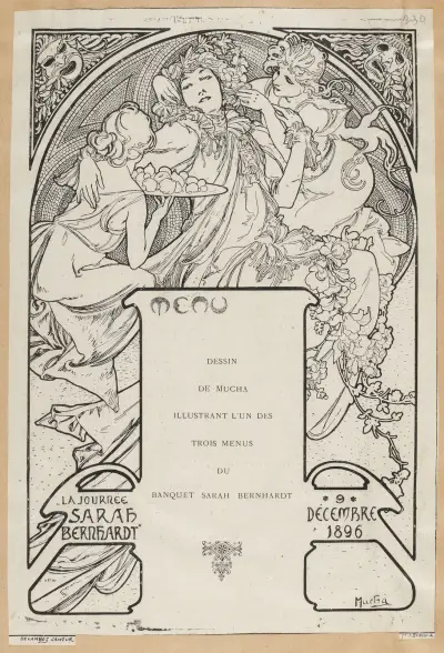 Dessin de Mucha Illustrant l’un des trois menu du banquet Sarah Bernhardt av Alphonse Mucha