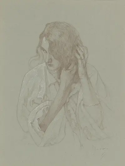 Portrait of a girl with hands in hair av Alphonse Mucha