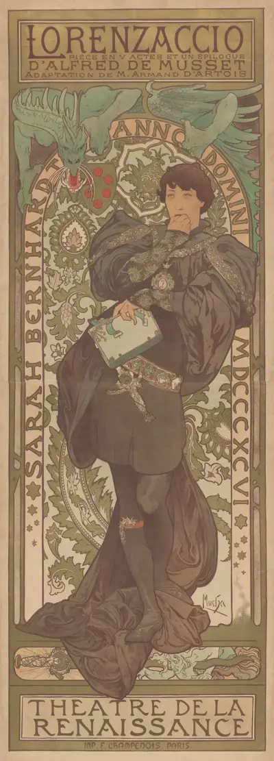 Sarah Bernhardt in Lorenzaccio, Theatre de la Renaissance av Alphonse Mucha
