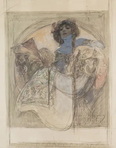 Sedící žena – studie k plakátu av Alphonse Mucha