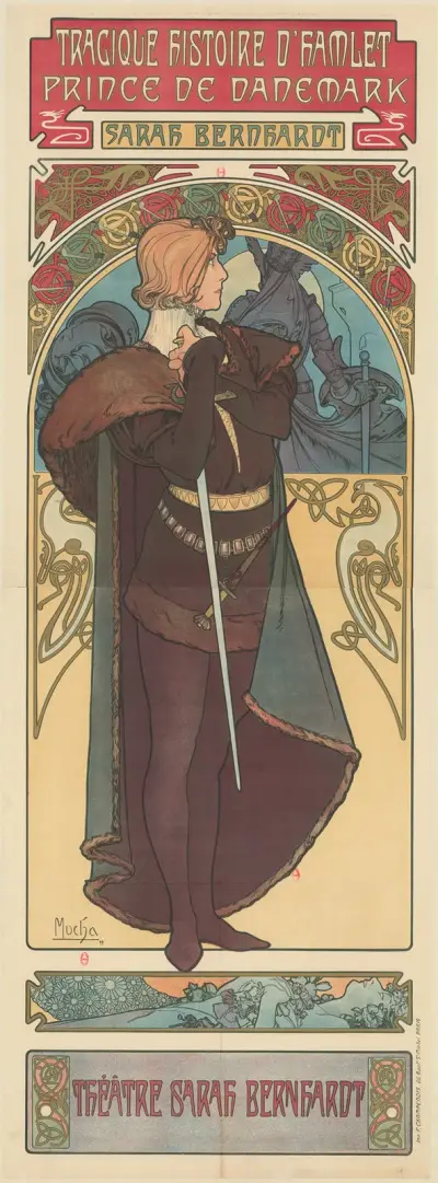 Tragique histoire d’Hamlet, prince de Danemark, Sarah Bernhardt. Théâtre Sarah Bernhardt av Alphonse Mucha