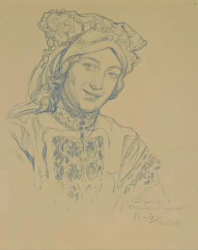 Young woman with folk headdress av Alphonse Mucha