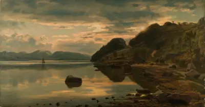 Aftenstemning. Skogsfjord, Mandal av Amaldus Nielsen