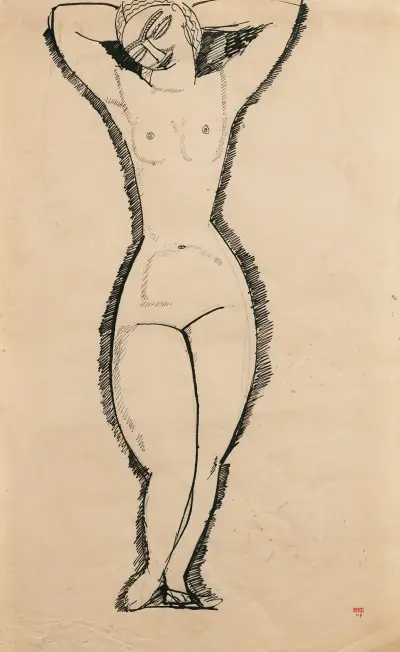 Nu De Face, Bras Levés av Amedeo Modigliani