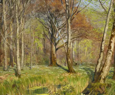 Børn i forårsskoven. Anemonerne er sprunget ud av Hans Andersen Brendekilde