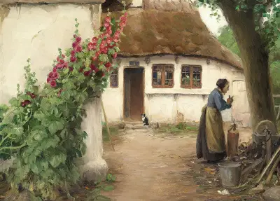 En kone ved et bondehus med røde stokroser av Hans Andersen Brendekilde