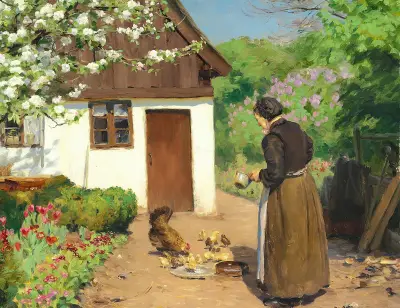 Hønsene fodres foran det hvidkalkede bondehus en sommerdag av Hans Andersen Brendekilde
