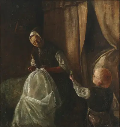 En pojke räcker sin farmor en grön ärta av Laurits Andersen Ring