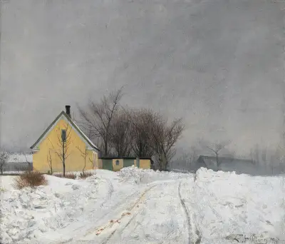 Foggy Winter Day. To the Left a Yellow House. Deep Snow. av Laurits Andersen Ring
