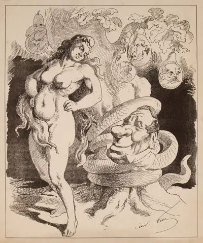 Allégorie de la République tentée par un homme serpent pour manger une des quatre poires de l’arbre av André Gill