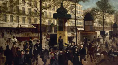 Esquisse pour un panorama du boulevard Montmartre animé des personnalités parisiennes contemporaines av André Gill