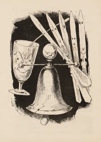 Le verre d’eau La sonnette du président Les couteaux à papier de la droite, André Gill