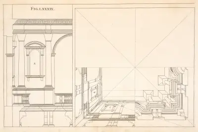 Horizontale Projektion der Architektur in einer quadratischen Decke von Andrea Pozzo