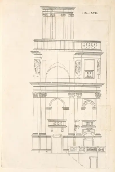 The geometrical elevation of the foregoing plan, and second preparation to the seventy-first figure. av Andrea Pozzo