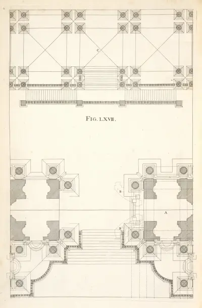 The geometrical plan, and first preparation to the seventy-first figure. av Andrea Pozzo