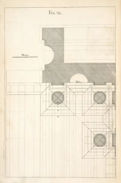 The geometrical plan of a design, of the Dorick order. av Andrea Pozzo