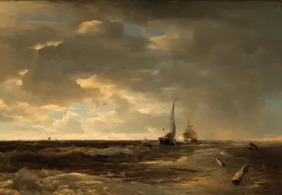 Fiskebåtar på oroligt hav av Andreas Achenbach