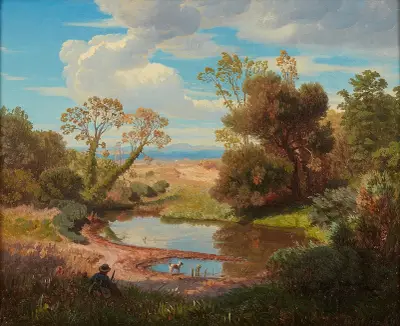 Italienische Landschaft mit einem Jäger und seinem Hund von Andreas Achenbach
