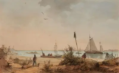 Küstenlandschaft mit Fischern und Segelschiffen in der Ferne von Andreas Achenbach