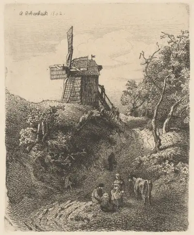 Landscape with a Windmill on a Hill av Andreas Achenbach