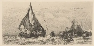 Landskap med båtar på havsstranden av Andreas Achenbach